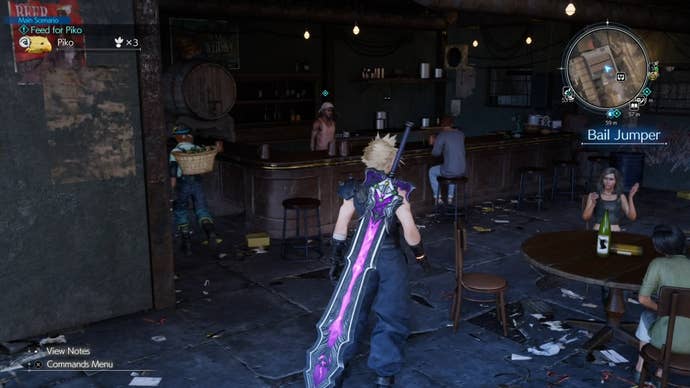 Cloud looking at the bartender in Bail Jumper bar at Corel Prison in Final Fantasy 7 Rebirth.