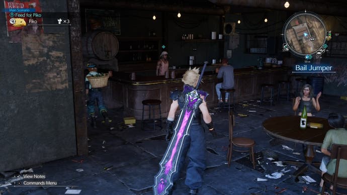 Cloud looking at the bartender in Bail Jumper bar at Corel Prison  in Final Fantasy 7 Rebirth.