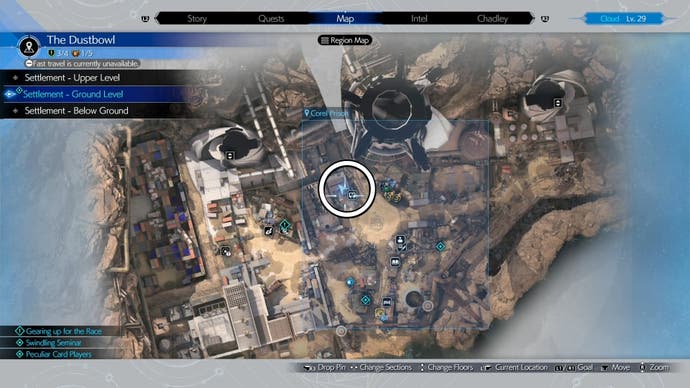A Dustbowl map view of a feed for Piko location circled  in Final Fantasy 7 Rebirth.