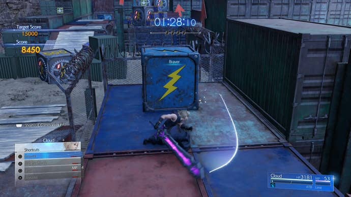 Cloud using Braver ability on a blue shock box with a yellow lightning symbol during Desert Rush minigame in Final Fantasy 7 Rebirth.