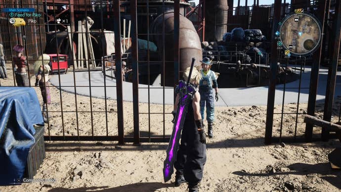 Cloud looking at a ladder gowing down a large circular area at Corel Prison in Final Fantasy 7 Rebirth.