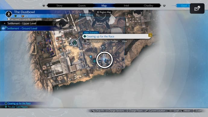 A Dustbowl map view of a feed for Piko location circled  in Final Fantasy 7 Rebirth.