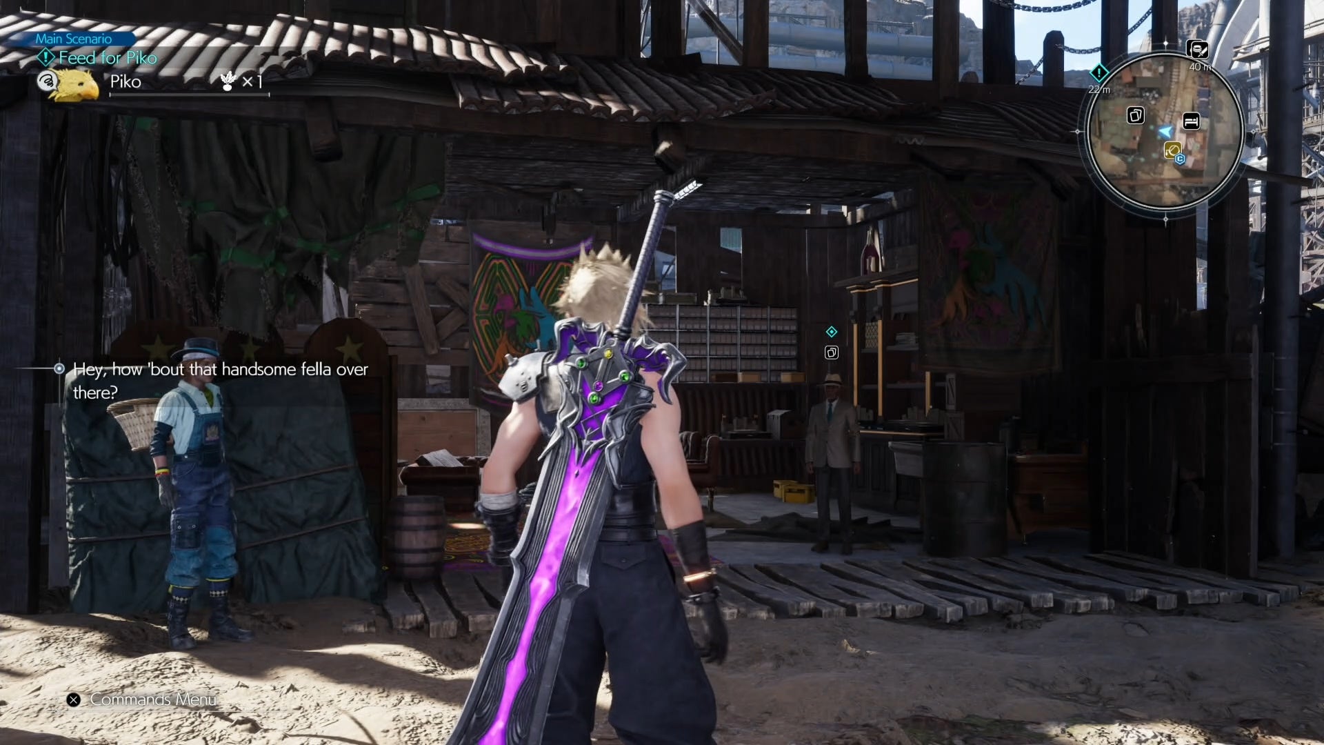 Cloud looking at the Card Collector at Corel Prison in Final Fantasy 7 Rebirth.