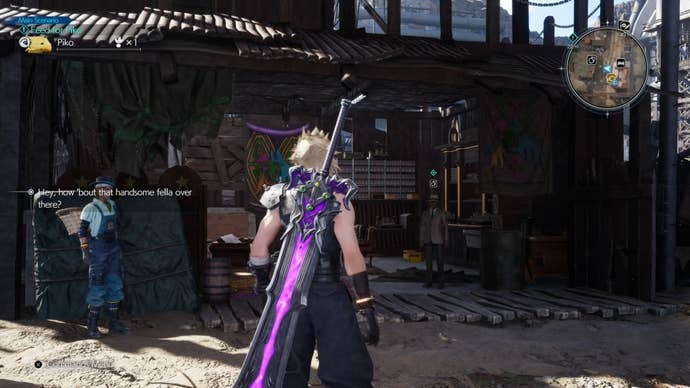 Cloud looking at the Card Collector at Corel Prison in Final Fantasy 7 Rebirth.