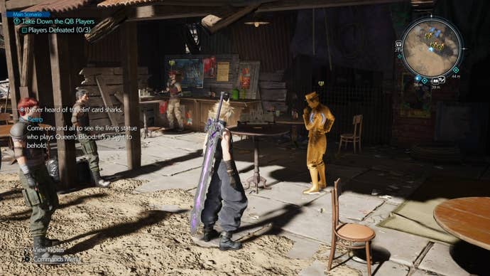 Cloud looking at Queen’s Blood players at Corel Prison in Final Fantasy 7 Rebirth.