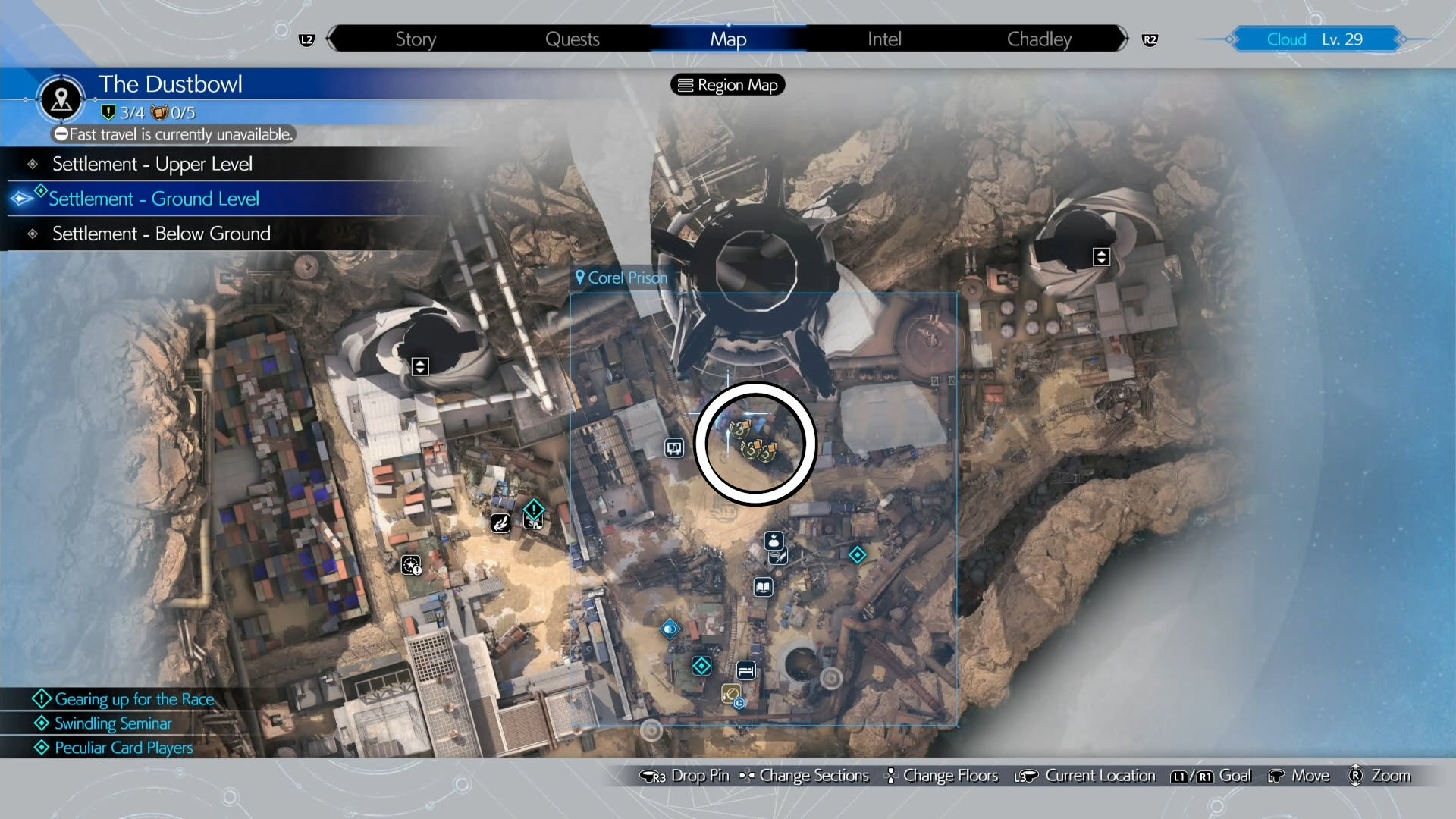 A Dustbowl map view of a feed for Piko location circled  in Final Fantasy 7 Rebirth.