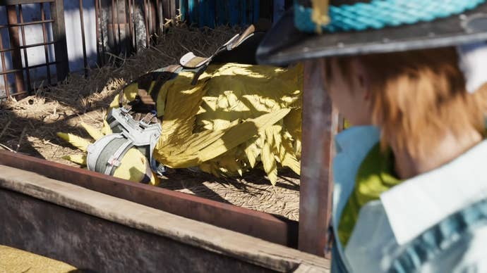Piko curled up on a small stable floor with Billy looking at Piko from above in Final Fantasy 7 Rebirth.