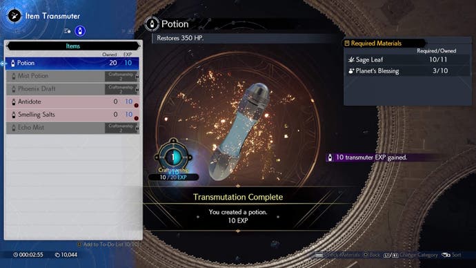 menu view of the crafting transmuter feature in final fantasy 7 rebirth