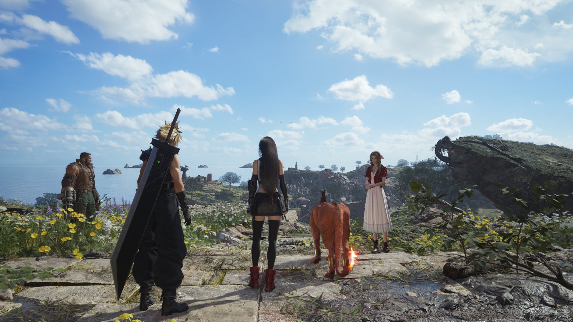The Final Fantasy 7 Rebirth party preparing to enter the sunny Grasslands. - 1