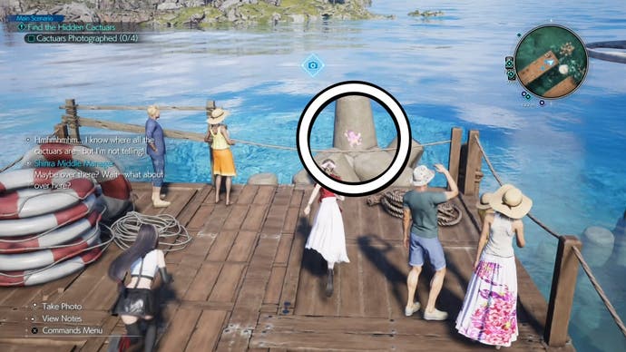A white circle around a pink Cactuar drawing on a structure popping up from the water, by the end of a pier in Final Fantasy 7 Rebirth.