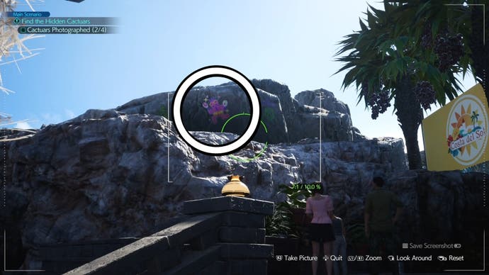 A white circle around a pink Cactuar drawing in the distance, on a rockface in Final Fantasy 7 Rebirth.