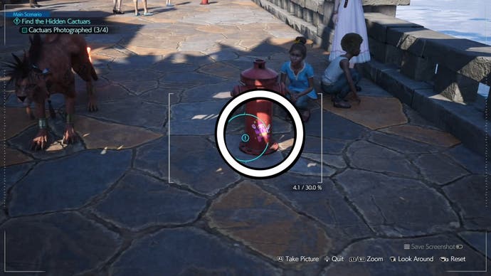 A white circle on a red fire hydrant with a pink Cactuar drawing on it and some children crouched nearby in Final Fantasy 7 Rebirth.