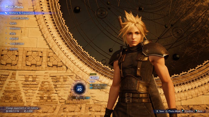 The pause screen in Final Fantasy 7 Rebirth.