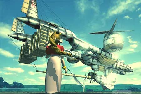 Aerith stands in front of an airship in this image from Final Fantasy 7.