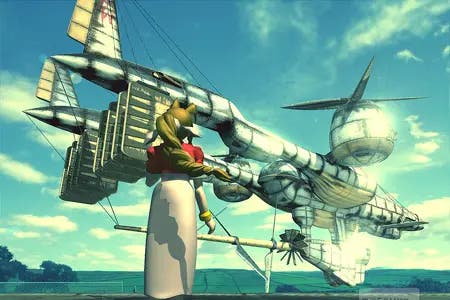 Aerith stands in front of an airship in this image from Final Fantasy 7.