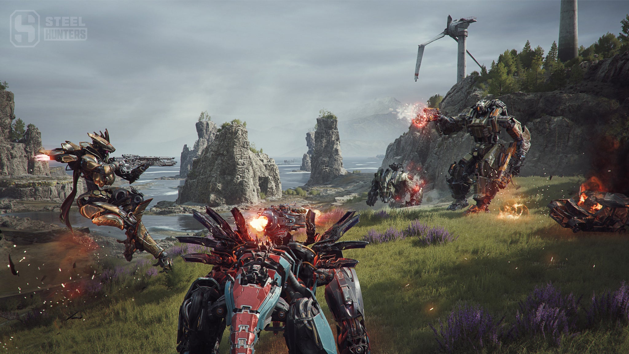 A four-legged robot fighting a bunch of other robots in Steel Hunters - 4