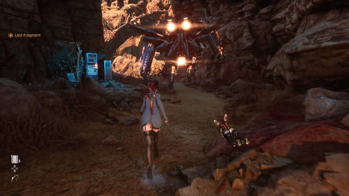 Eve from Stellar Blade looking at a Camp in the Wasteland area.