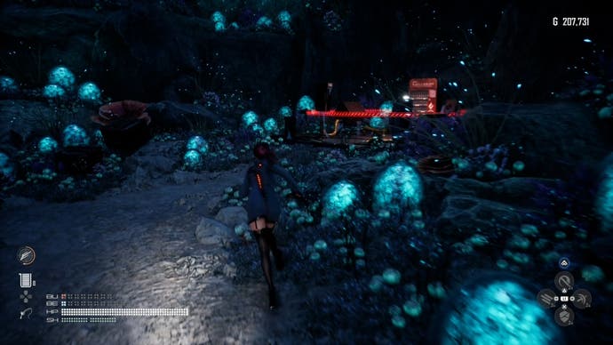 Eve from Stellar Blade looking at a Camp in the Wasteland Cave area.