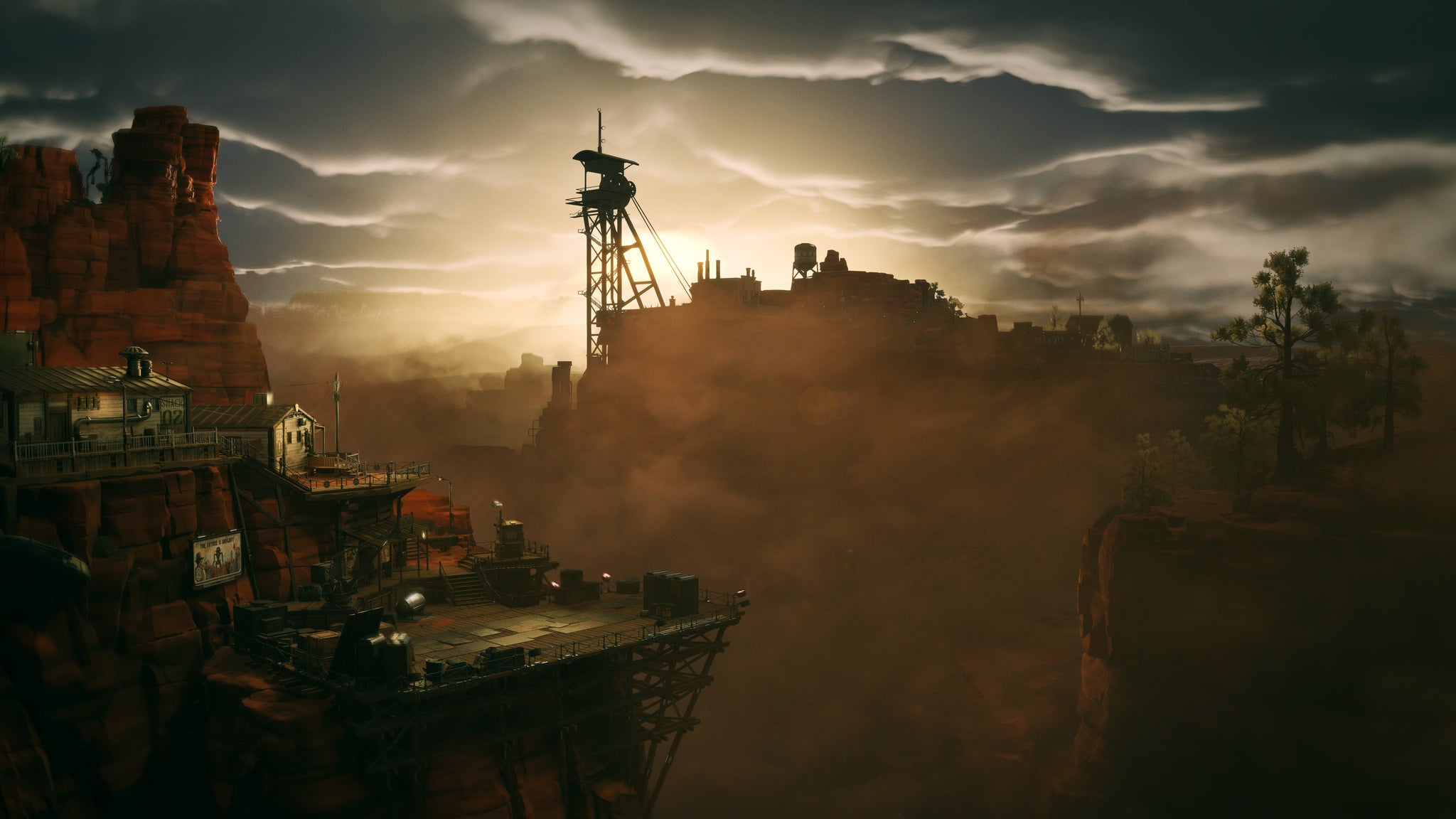 A view of a canyon with a smoky sunset and buildings on rickety platforms in WolfEye's untitled new game - 4