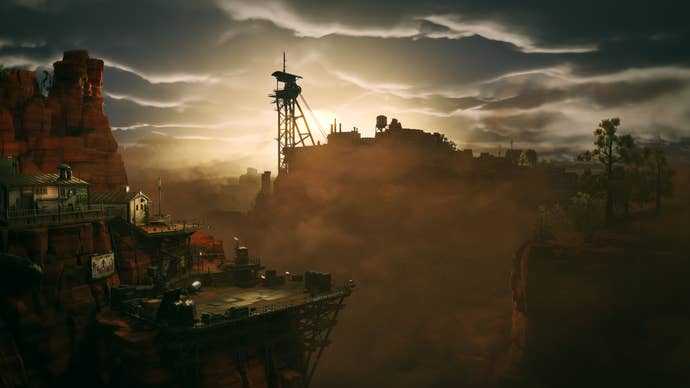 A view of a canyon with a smoky sunset and buildings on rickety platforms in WolfEye’s untitled new game