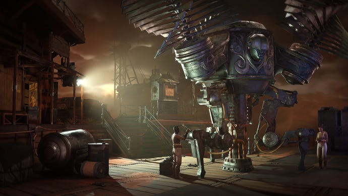 A huge gleaming mech with coiled structures and a metal face, mounted on legs on a platform outdoors - this being a screenshot of WolfEye’s untitled new game