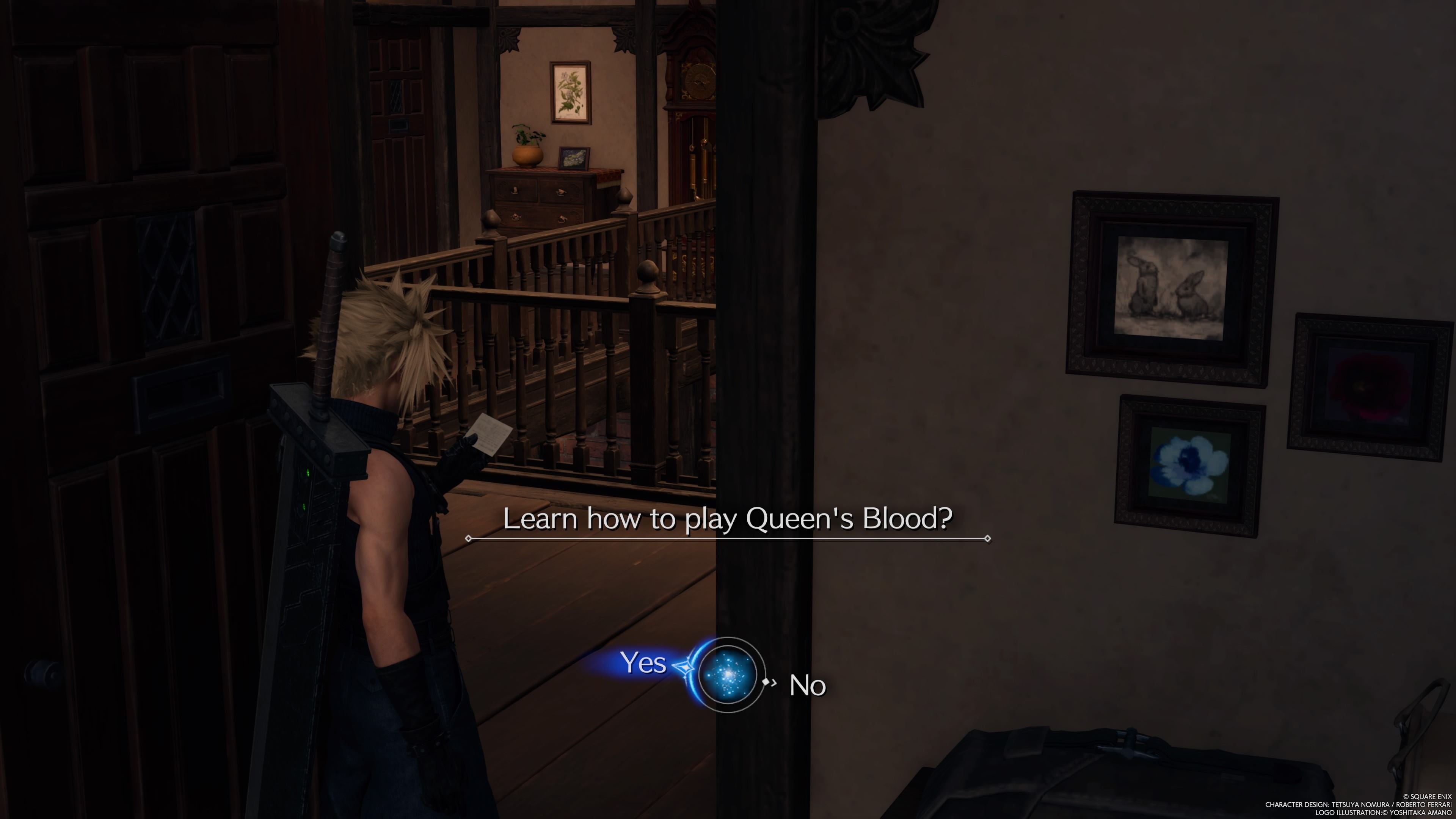 A menu screen in Final Fantasy 7 Rebirth which asks Cloud if he wants to learn how to play Queen&rsquo;s Blood.