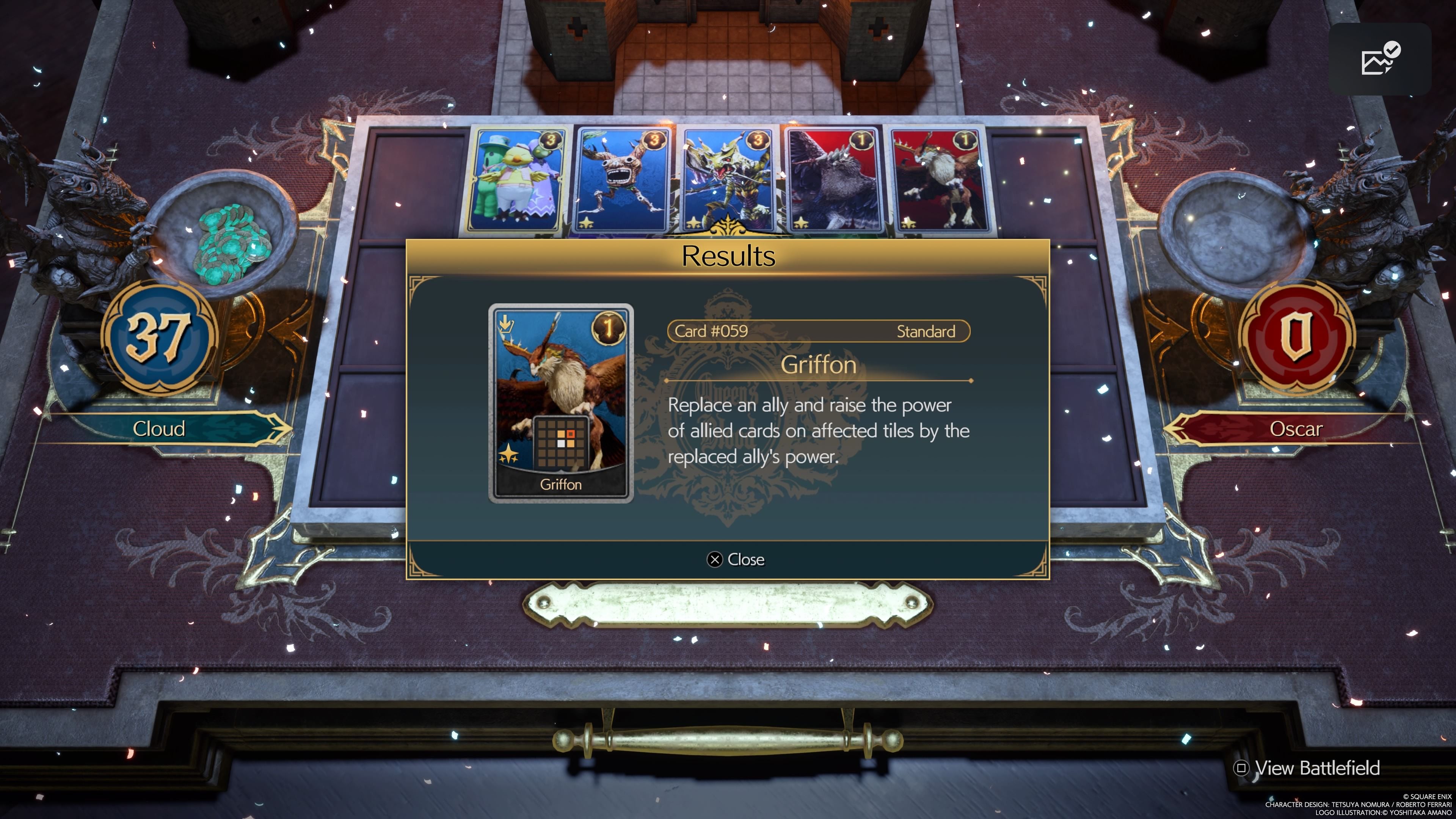 A pop-up menu appears during the Queen&rsquo;s Blood mini-game detailing the Griffon card and what it does.