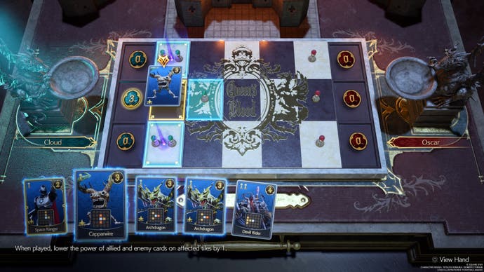 The Capparwire card is placed in the middle lane of the Queen's Blood playing board, which uses a three by five grid system.