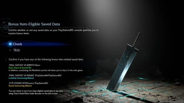 A screen players can access via the Final Fantasy 7 Rebirth main menu which lets them claim rewards if they have played other FF7 games.