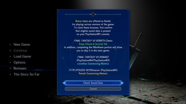 A menu screen in Final Fantasy 7 Rebirth which offers PS5 players rewards if they have saved data for other FF7 games.
