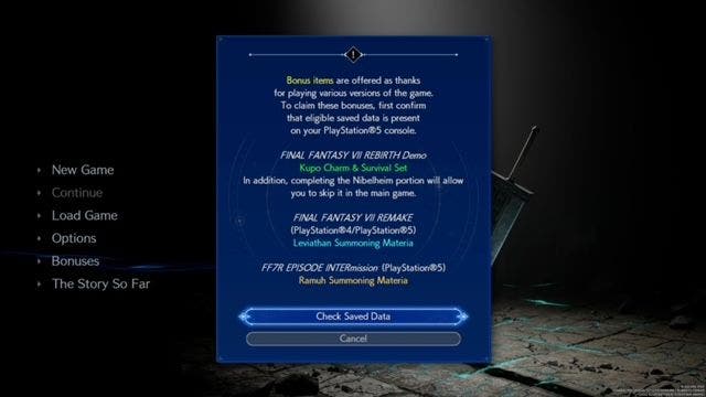 A menu screen in Final Fantasy 7 Rebirth which offers PS5 players rewards if they have saved data for other FF7 games.