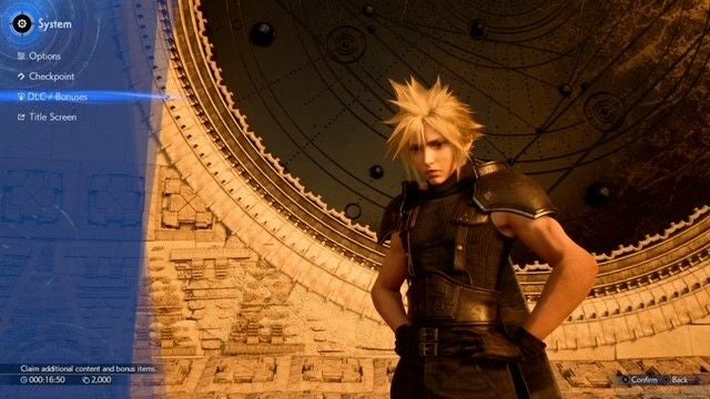 The in-game System menu in Final Fantasy 7 Rebirth with the DLC / Bonuses option selected.