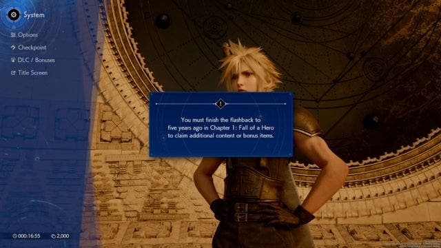 A notification in Final Fantasy 7 Rebirth letting players know they need to complete Chapter 1 before claiming bonus rewards.