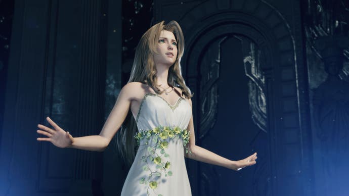 Aerith wearing a white dress with flowers around her waist in Final Fantasy 7 Rebirth.