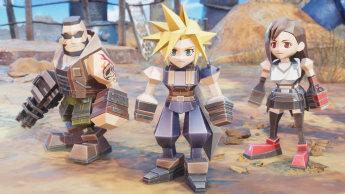 Chibi-style polygon versions of Cloud, Tifa and Barret that appear in the Fort Condor mini-game in Final Fantasy 7 Rebirth.