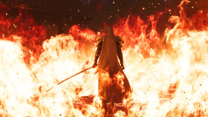 Sephiroth with his sword outstretched, walking towards flames that surround him in Final Fantasy 7 Rebirth.