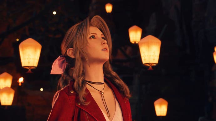 Aerith looking up with wonder at floating lanterns that lit up the night in Final Fantasy 7 Rebirth.
