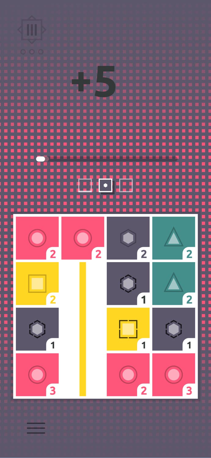 A finity game in action with three blocks being matched for +5 points