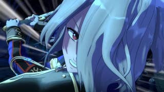 Close up of Fire Emblem Shadow protagonist, an anime boy with long silver hair