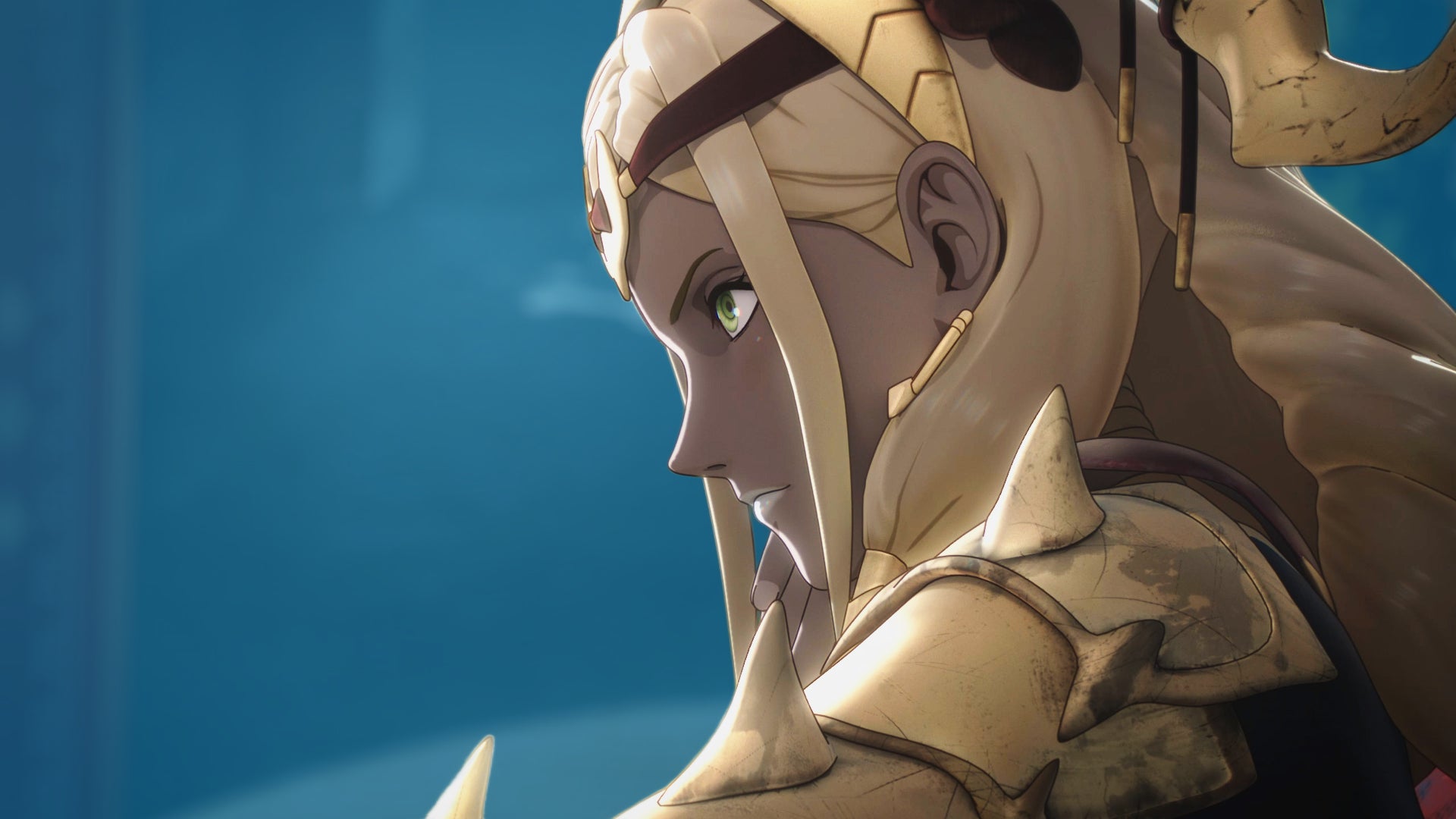 Theodora from Fire Emblem Fortune's Weave in profile, against a blue background.