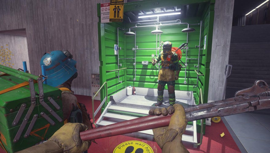 A bunch of people dressed in weird colourful armour holding pipes and other bizarre objects in FBC: Firebreak