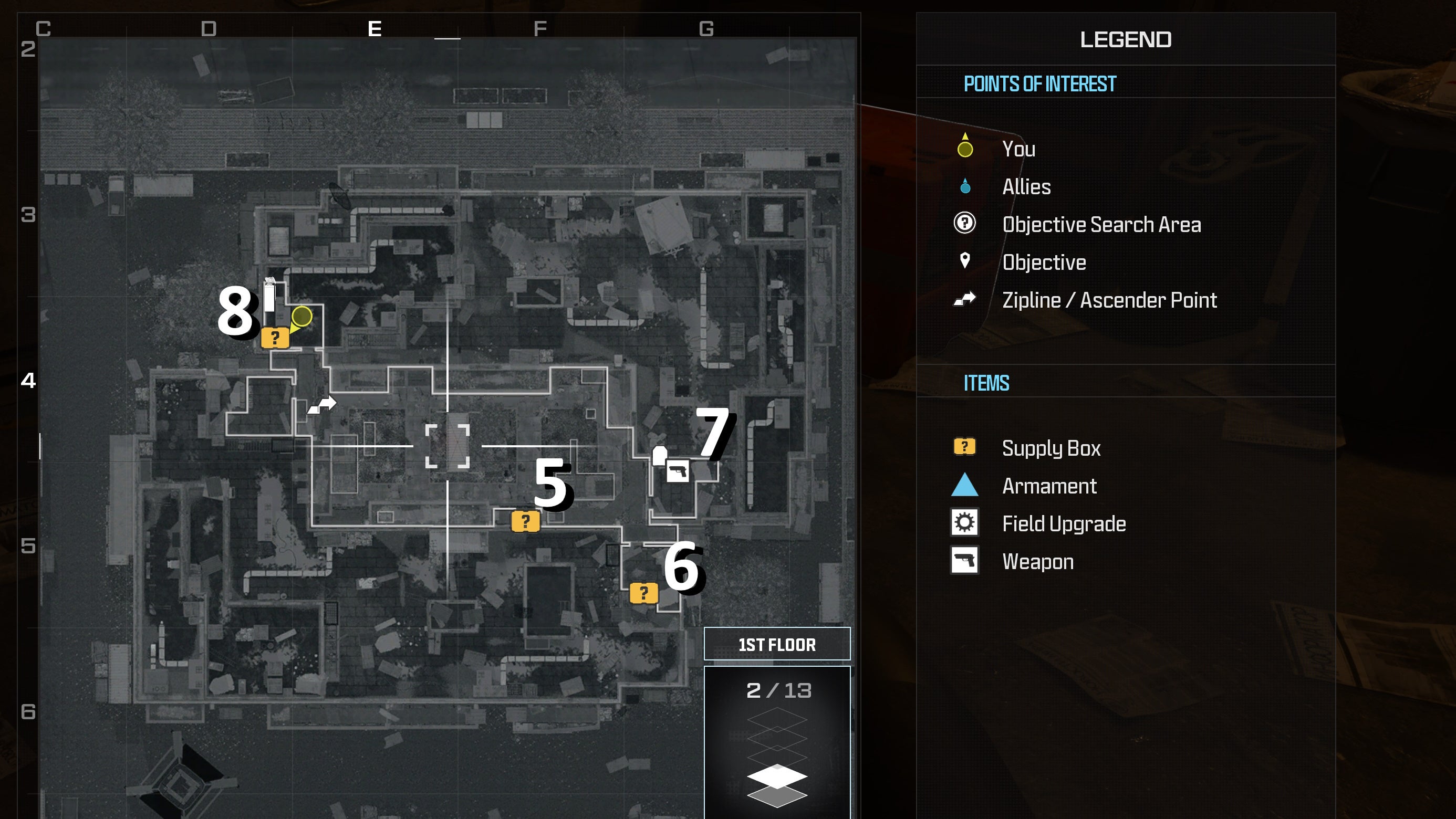 tactical map view of the first floor of the highrise level showing weapon and item locations marked by numbers