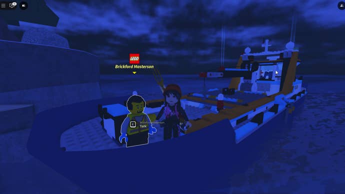 The player stands on the Arctic Explorer boat with Brickford Masterson in Roblox’s Fisch