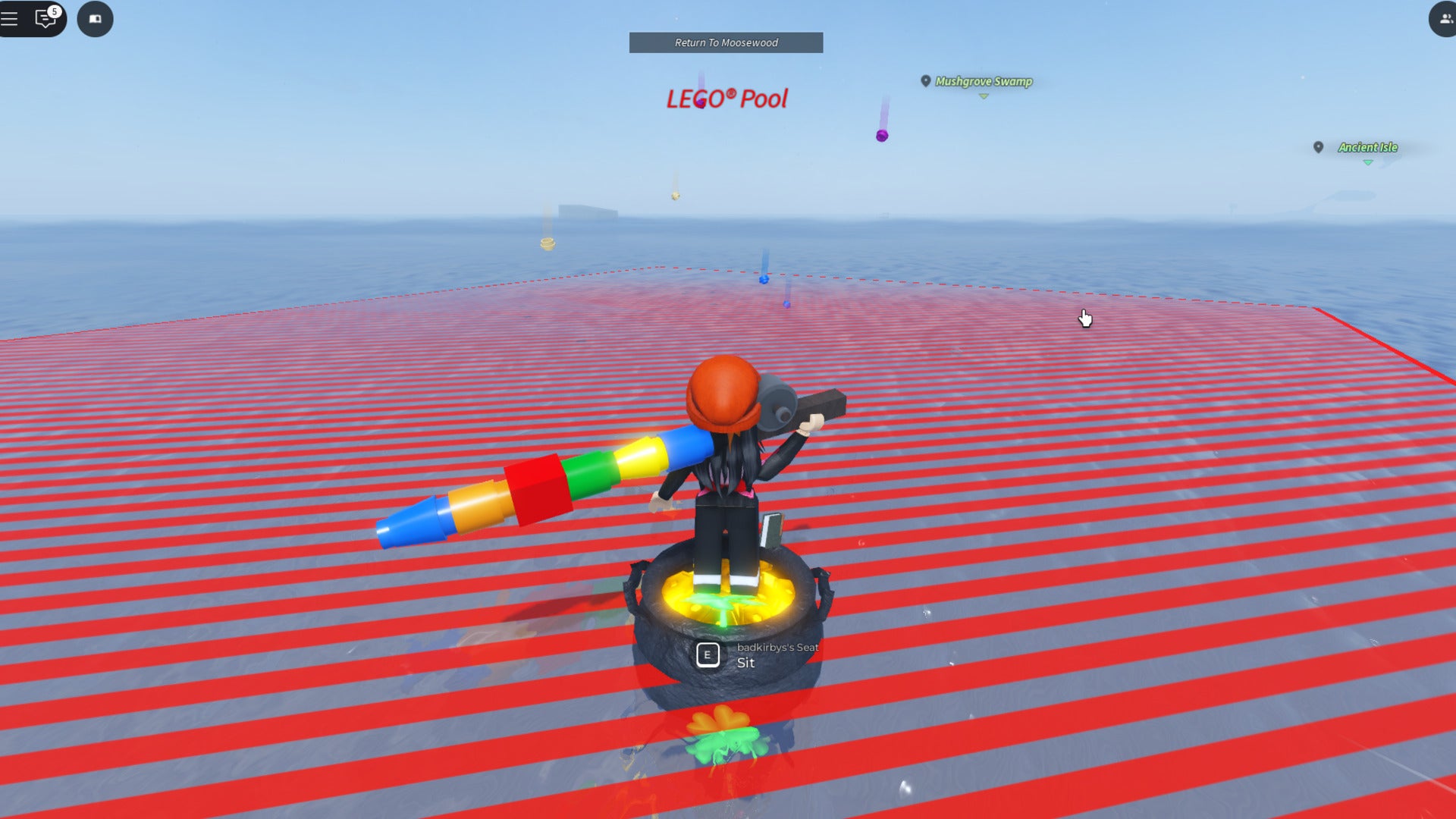 The player stands in a LEGO Pool while holding the Built Brick Rod in Roblox's Fisch - 4