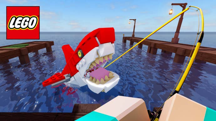 Key artwork for Fisch's LEGO event is shown, with the player fishing up a Studolodon and the LEGO logo shown in the top-left corner