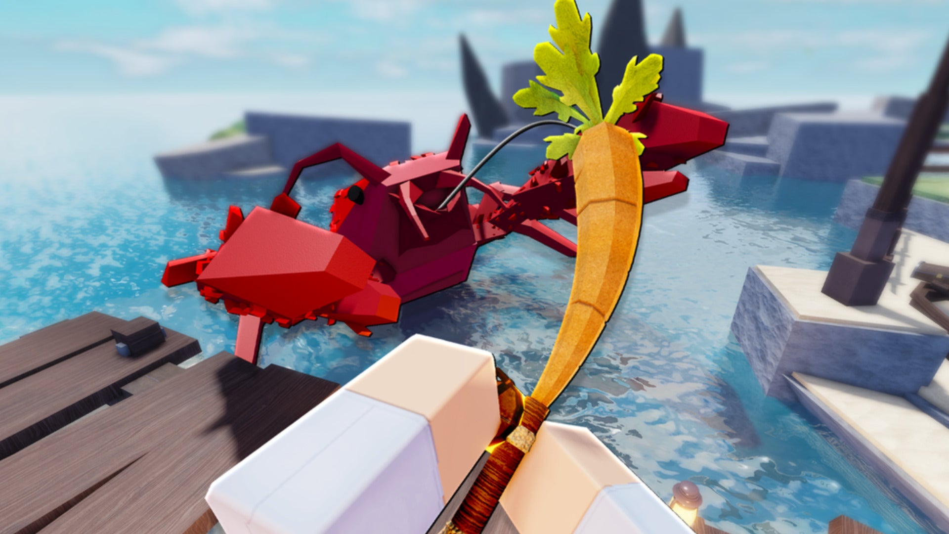 Key artwork for Roblox's Fisch is shown depicting a lobster jumping out of the water for a carrot - 1