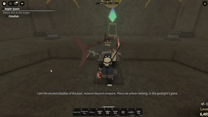 The player faces an Ancient Megalodon placed on a pedestal in the Poseidon Temple (Atlantis) in Fisch