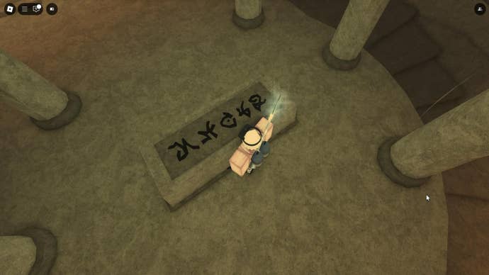 The player stands beside a podium with five symbols on it at the entrance to the Sunken Depths in Fisch’s Atlantis