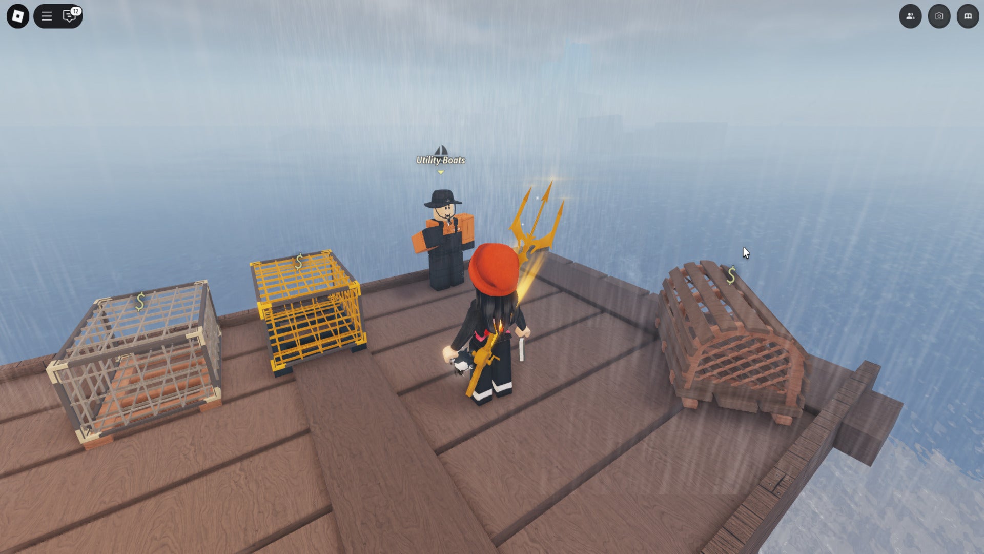 The player character can be seen standing in front of the First Sea Utility Shipwright in Roblox's Fisch - 3