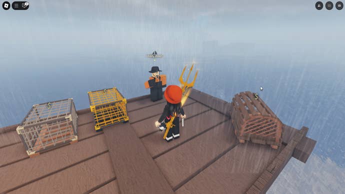 The player character can be seen standing in front of the First Sea Utility Shipwright in Roblox’s Fisch